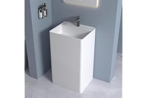 Cpingao 35" Stone Resin Rectangular Pedestal Sink with Overflow, Solid Surface Bathroom Pedestal Sink Basin with Faucet Hole and Pop-up Drain, Matte White