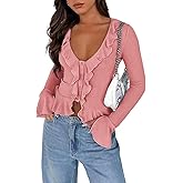 SNJATSSE Women's Deep V Neck Long Bell Sleeve Button Down Ruffle Crop Shirt Top Blouses