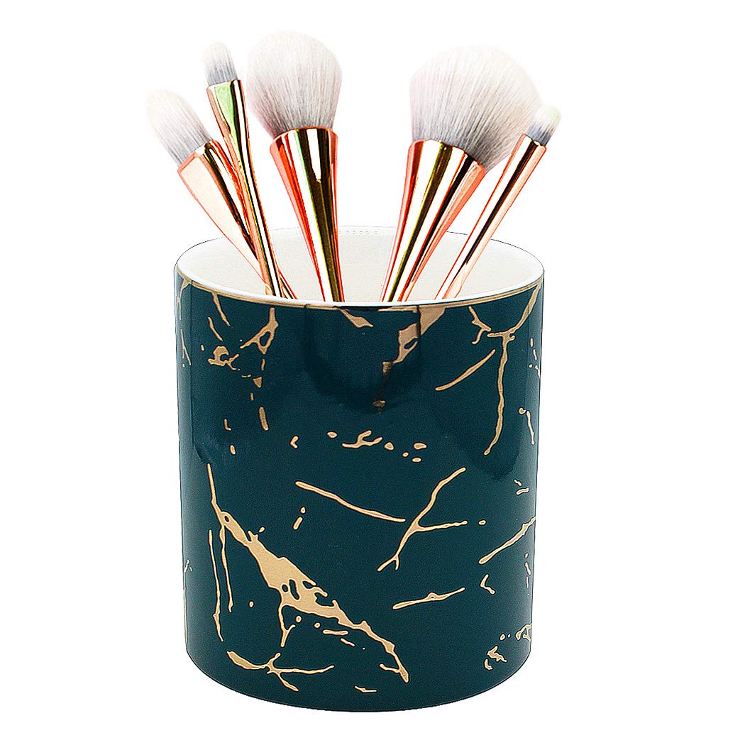 SIPLIV Ceramic Golden Thread Pencil Holder Pen Containers Desk Organizer Makeup Brush Holder for Office Classroom Home - Round, Green