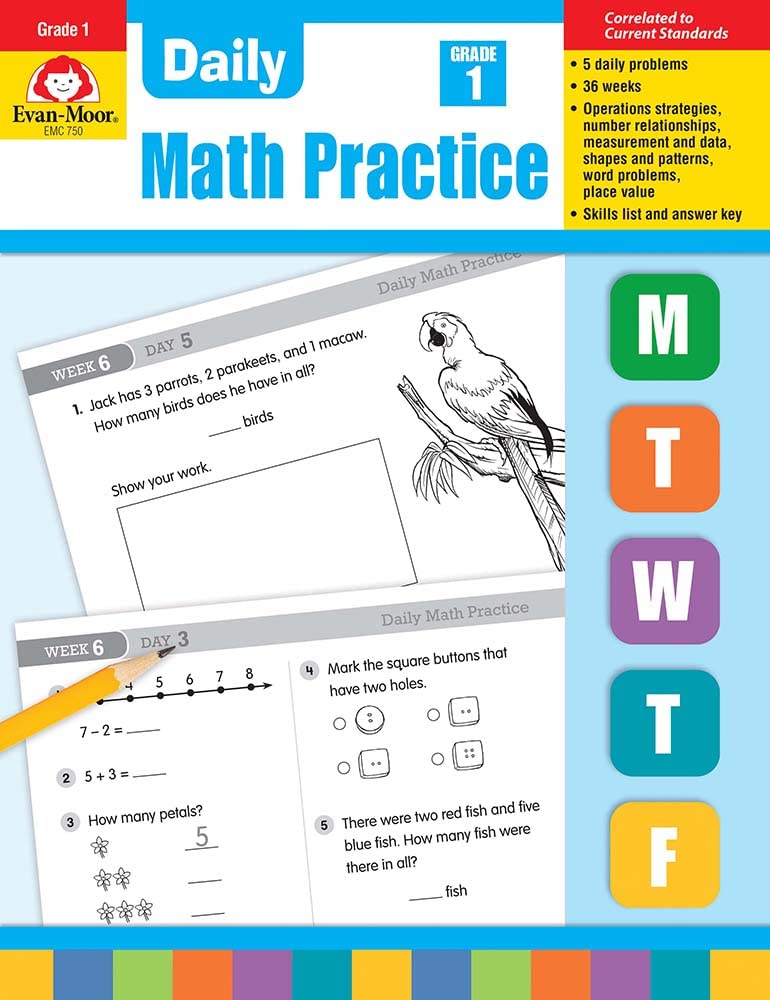 evan moor daily math practice grade 1 homeschool classroom workbook practice addition subtraction word problems time money geometry greater less than fractions reproducible worksheets evan moor educational publishers 0023472007506