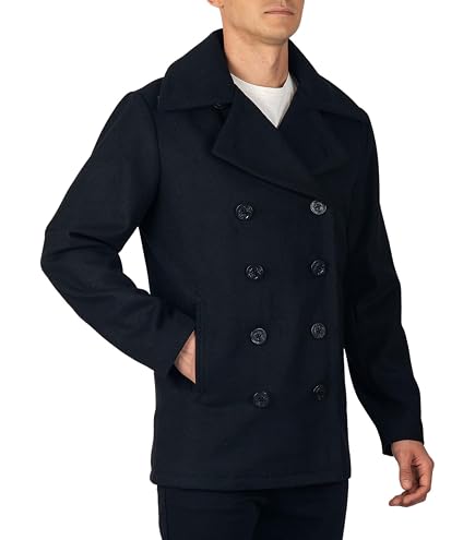 LP-FACON Mens Winter Navy Blue Wool Peacoat - Double Breasted Wool