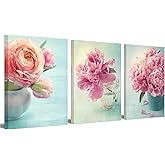Nachic Wall Peony Pictures Wall Art Teal and Pink Bathroom Decor Pink Flower Painting Canvas Prints Ready to Hang