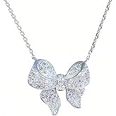 Silver-Tone Bow Pendant Necklace for Women, Sparkling Rhinestone Crystal Bow Charm, 45 cm Chain, Cute Dainty Jewelry Gift