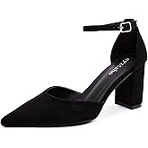 syztsho Women's Closed Pointed Toe Heels Chunky Block Pumps Ankle Strap Dress Shoes for Office Party Wedding