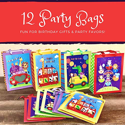 Pure Ponta Safari Party Goodie Bags | 12 Pack of Animal Treat Bags for Kids Jungle Zoo Circus Themed Birthday | 12 Gift Bags with 4 Unique 3D Designs