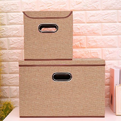 IBTHOUSE Collapsible Storage box, Fabric Foldable Storage bins Containers Boxes with Lids for Nurseries, Offices, Closets, Home Decor, Set of 2 (khaki)