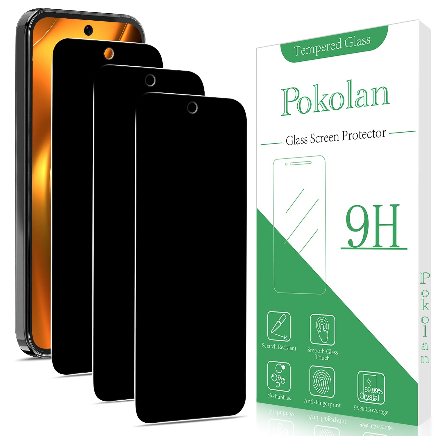 Pokolan 3 Pack Privacy Screen Protector for Google Pixel 9 Pro/Pixel 9 Pro Fold, Anti Spy Tempered Glass, 9H Hardness, Case Friendly, Anti Scratch, No Bubbles, Easy to Install