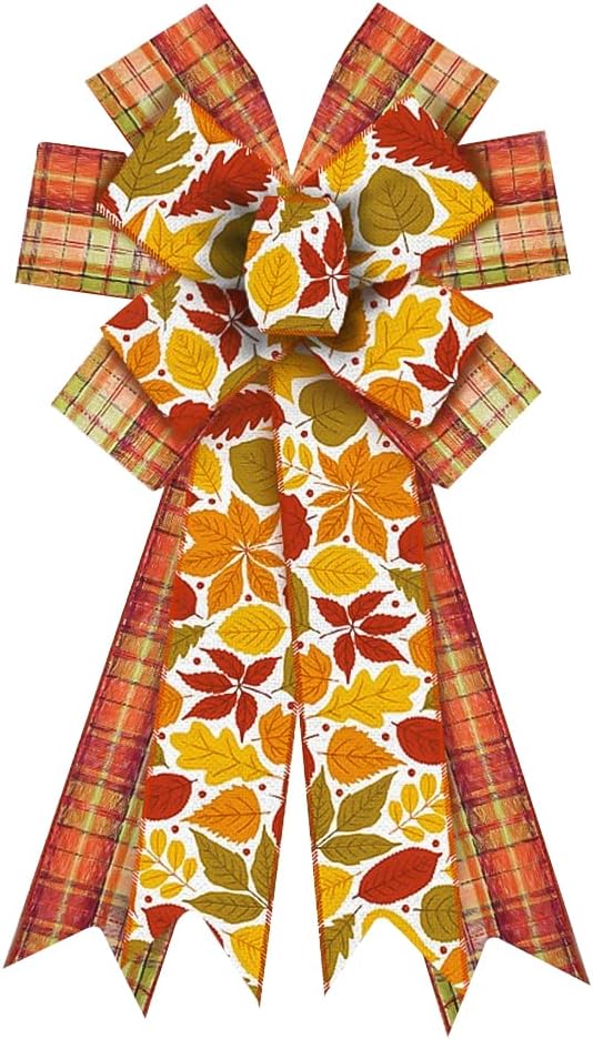 Bows & Ribbons - Large Fall Bow for Wreath, Burlap Orange Green Plaid Wreath Bow for Autumn Décor Fall Leaf Bow for Front Door Indoor Outdoor Wall Tree Topper Decoration Supplies Thanksgiving Ornament