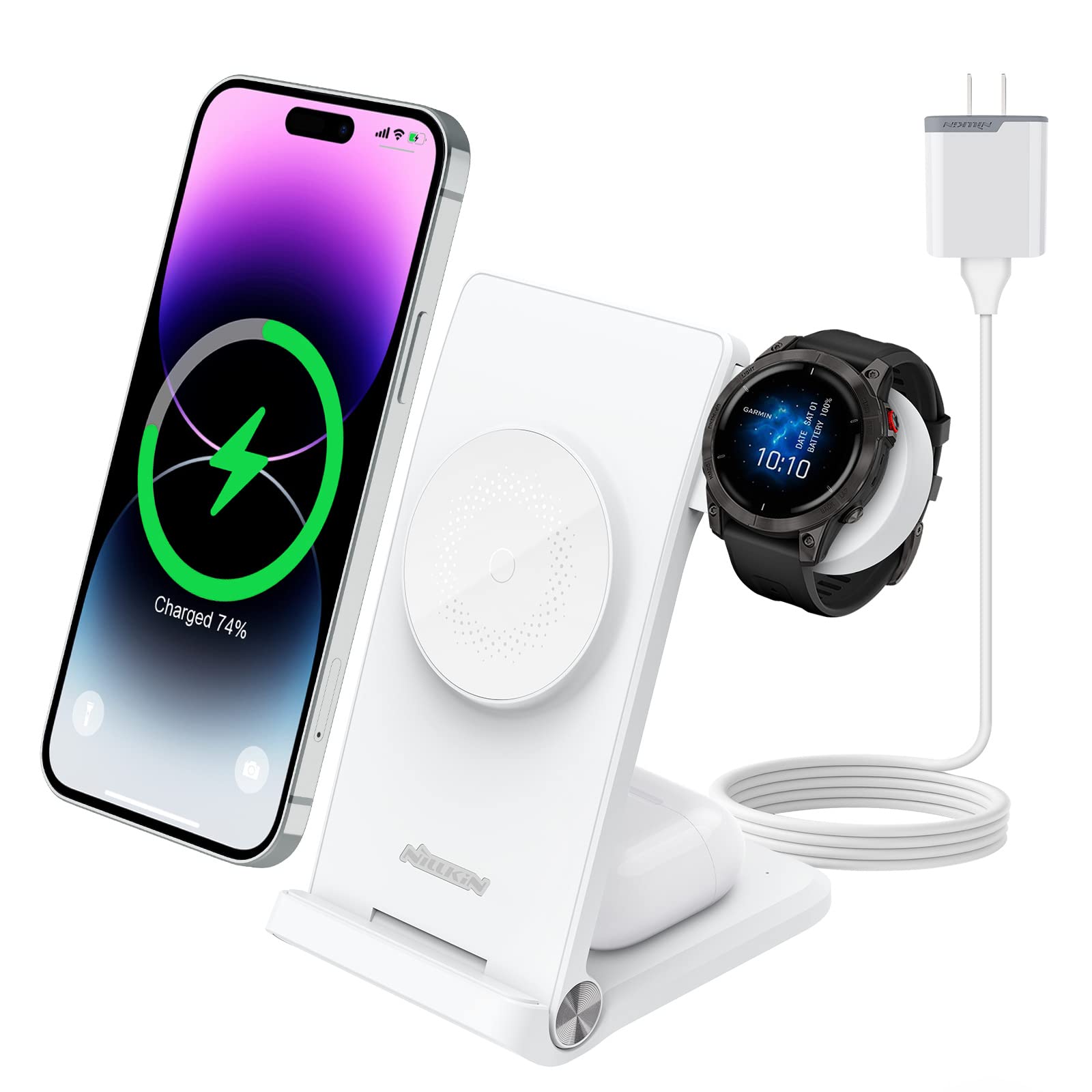 Photo 1 of Nillkin 3 in 1 Magsafe Wireless Charging Station, Garmin Watch Charger Stand for Fenix 7/7S/8 Forerunner 245/745/945/965,Tactix,Enduro,Epix,Foldable Charger for iPhone 16/15/14 & AirPods with Adapter