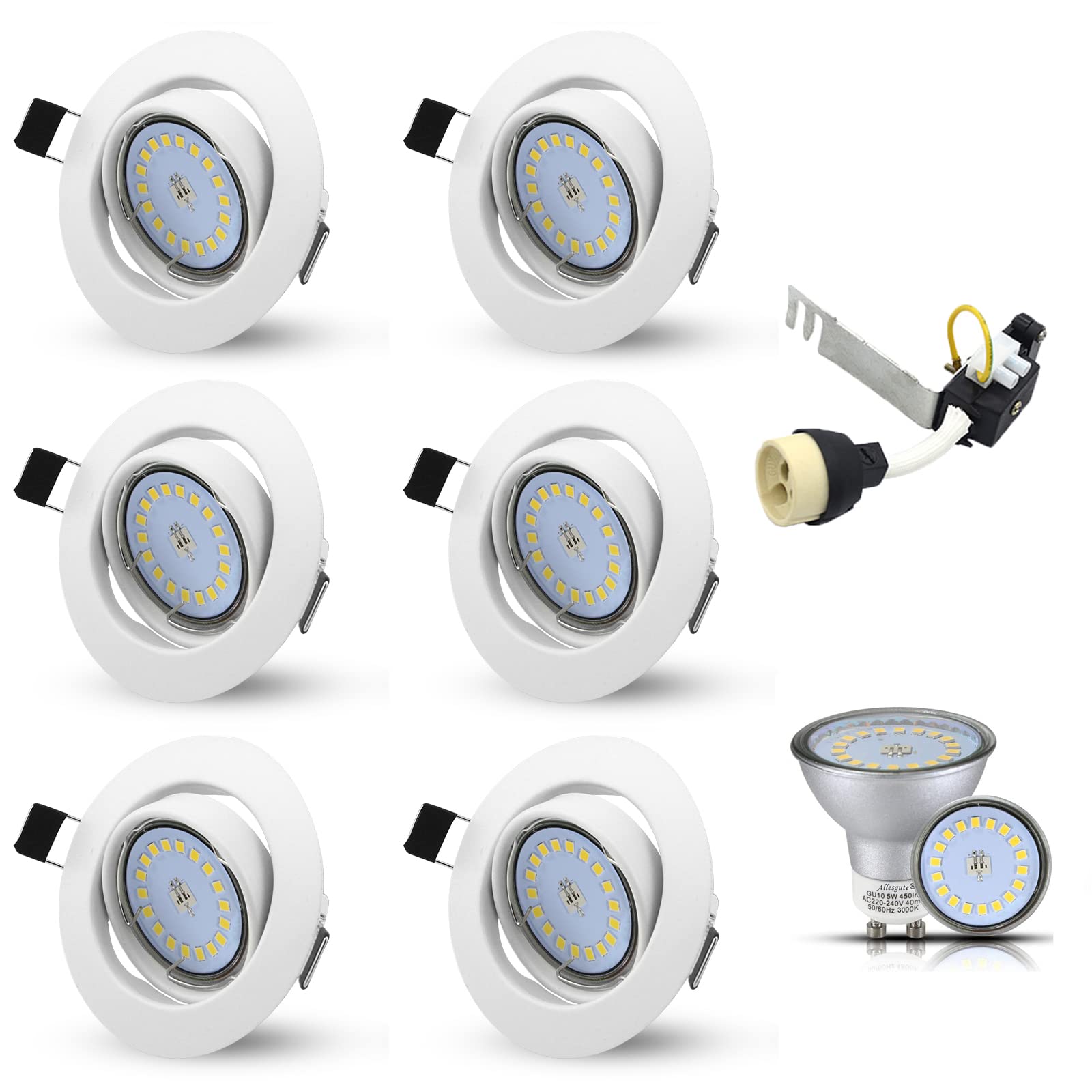Allesgute 6X 5W Recessed Ceiling Lights 30° Tilt GU10 Downlight Matt White LED Downlights Ceiling 240V Warm White 3000K, Cutout Ø70-80mm