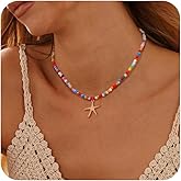 REVOLIA Beaded Charm Necklace for Women Boho Starfish Choker Necklace Colorful Summer Beach Surfer Beaded Necklace Seashell Conch Pendant Necklace Jewelry