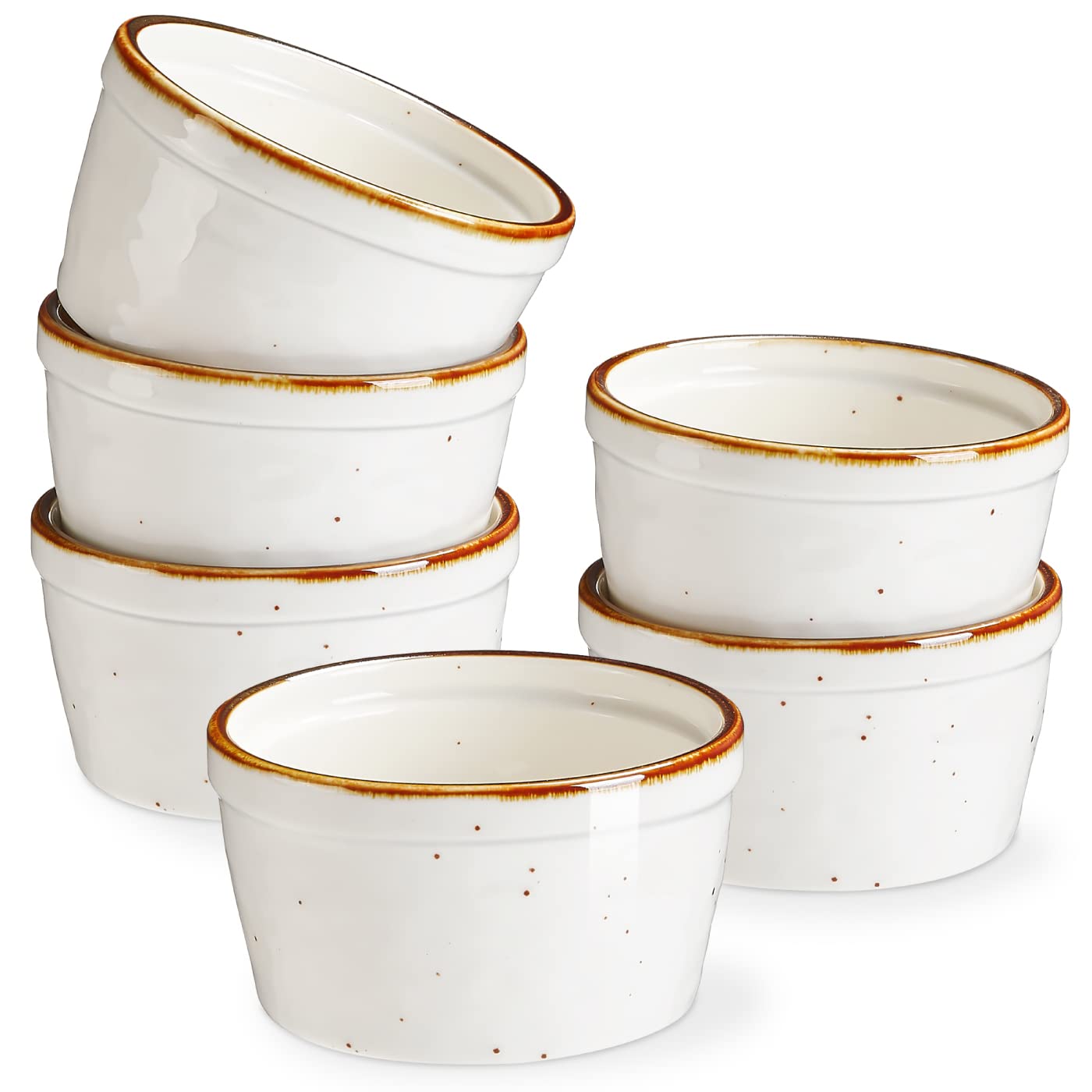 ONEMORE Ramekins Set of 6, 170ml - Oven/Microwave/Dishwasher Safe Ceramic Small Bowls Set for Entertaning - Rustic Speckled, Glossy Glazed - Cream White