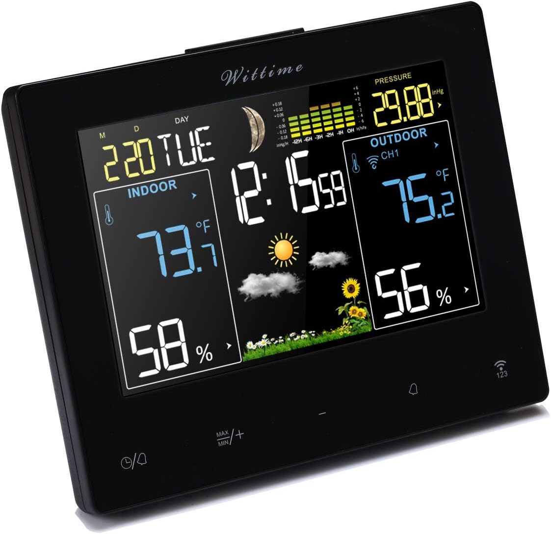 Wittime Home Weather Station, Weather Monitoring Clock with Snooze funcation, Barometric Pressure, Indoor Outdoor Thermometer, Weather Sensor, Room Hygrometer, Alarm Clock, Calendar