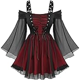 DRESSFO Women's Gothic Steampunk Punk Lace Up Grommets Cold Shoulder Sheer Mesh Flare Long Sleeves Top