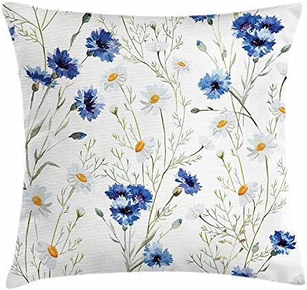laizhoulianrui Watercolor Flower Throw Pillow Cushion Cover, Wildflowers and Cornflowers Daisies Blooms Flower Buds, Decorative Square Accent Pillow Case, 18 X 18 Inches, Blue Sage Green Marigold