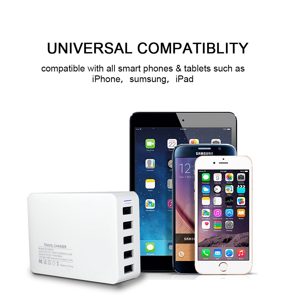 Travel Wall Charger,POWERIVER USB Wall Charger Desktop Charging Station 40W 8A 5-Port High-Speed Charging with iSmart Technology Each Port Max 2.4A