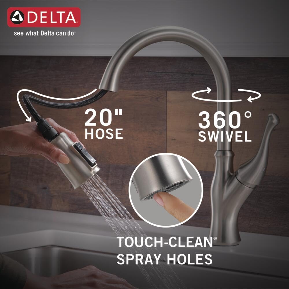 Delta Ophelia Brushed Nickel Kitchen Faucet with Pull Down Sprayer, Modern Single Hole Kitchen Sink Faucet, Single Handle, SpotShield Stainless 19888Z-SP-DST