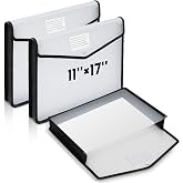 AmazingSpark 3 Pcs 11 x 17 Inch Expandable Tabloid Size Document Folder Organizers with Snap Closure &amp; Label, Clear Plastic Expanding File Folder for A3 Ledger Size Plots Charts (Black)