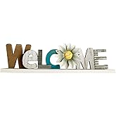 T&Garice Rustic Wood Daisy Welcome Sign Cutout Tabletop Letter Welcome Sign Decor Free Standing Tabletop Bookshelf Mantel Centerpiece Decoration-14.75''L