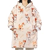 Huglanket Shiba Inu Gifts for Dog Lovers & Dog Mom, Wearable Flannel Shiba Inu Blanket Hoodie with Two Large Pocket