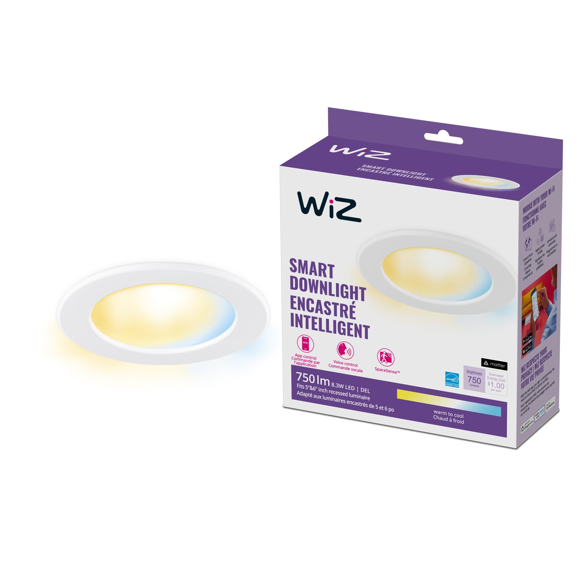 Photo 1 of WiZ Connected Retrofit Downlight - 6 inch LED Recessed Light Fixture - Motion Activated Recessed Light - 750 Lumen - Connects to your Wi-Fi - Matter Compatible -1 Pack