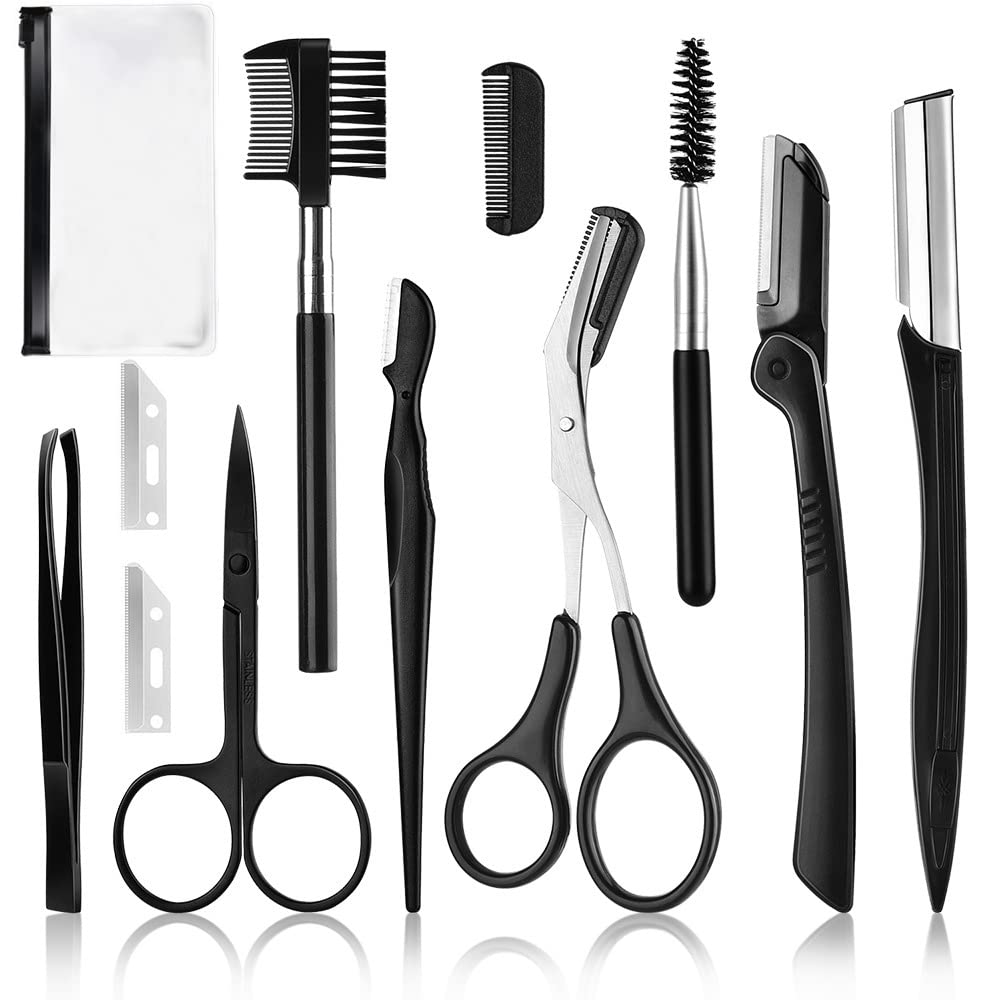 12 Pcs Eyebrow Grooming Kit, Professional Stainless Steel Eyebrow Shaping Kit with Eyebrow Razor, Scissor, Brush Precision Tweezers for Eyebrow/Facial Hair Removal/Ingrown Hairs