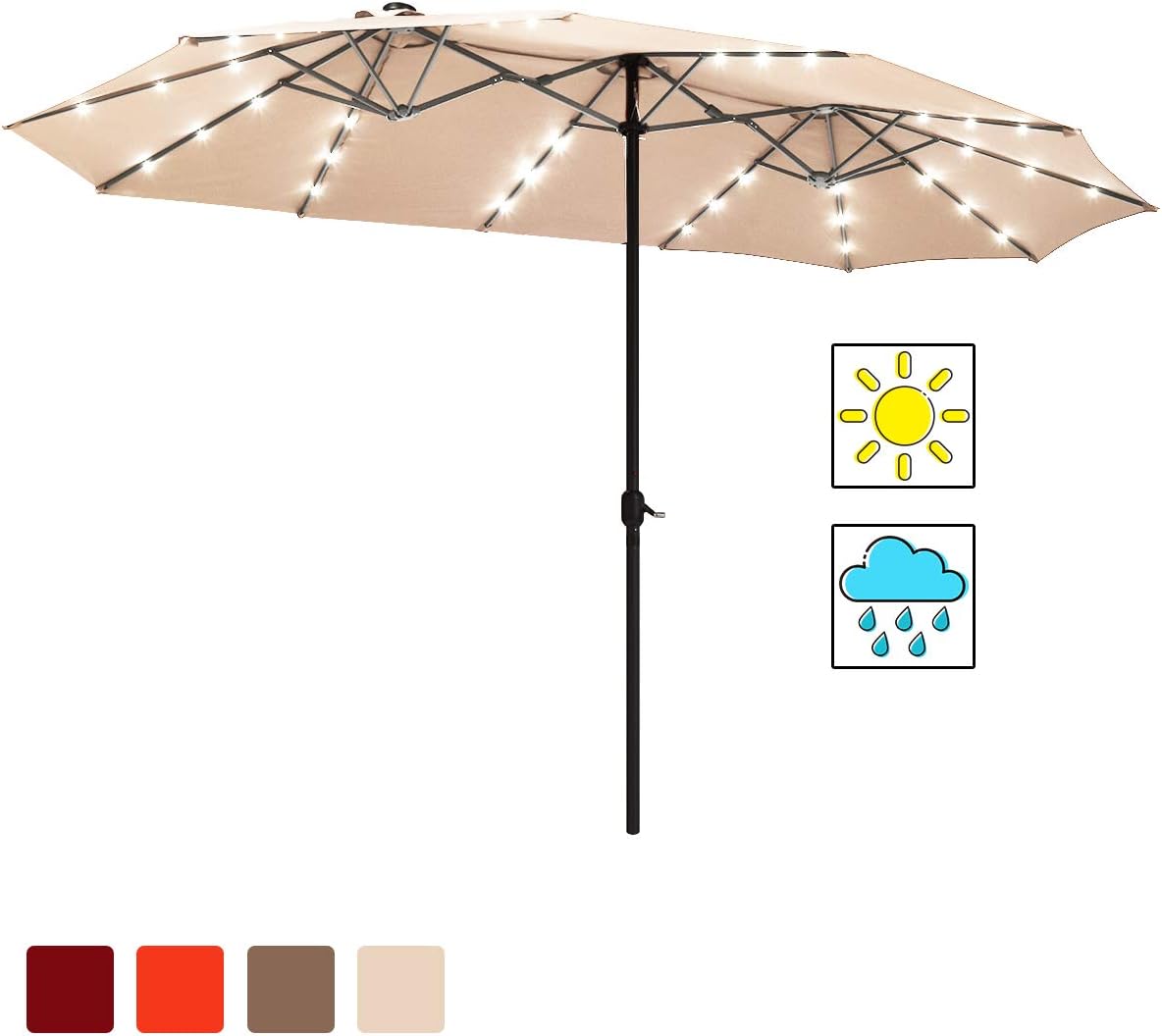Outdoor Extra Large Market Umbrella With 36 Led Lights Solar Powered Led Umbrella With Crank Handle