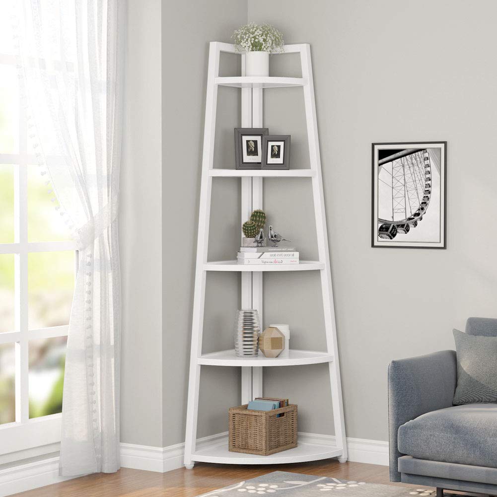 Tribesigns 70 inch Tall Corner Shelf, 5 Tier Modern Corner Bookshelf Industrial Corner Ladder Shelf Small Bookcase Plant Stand for Living Room, Kitchen, Home Office (White)