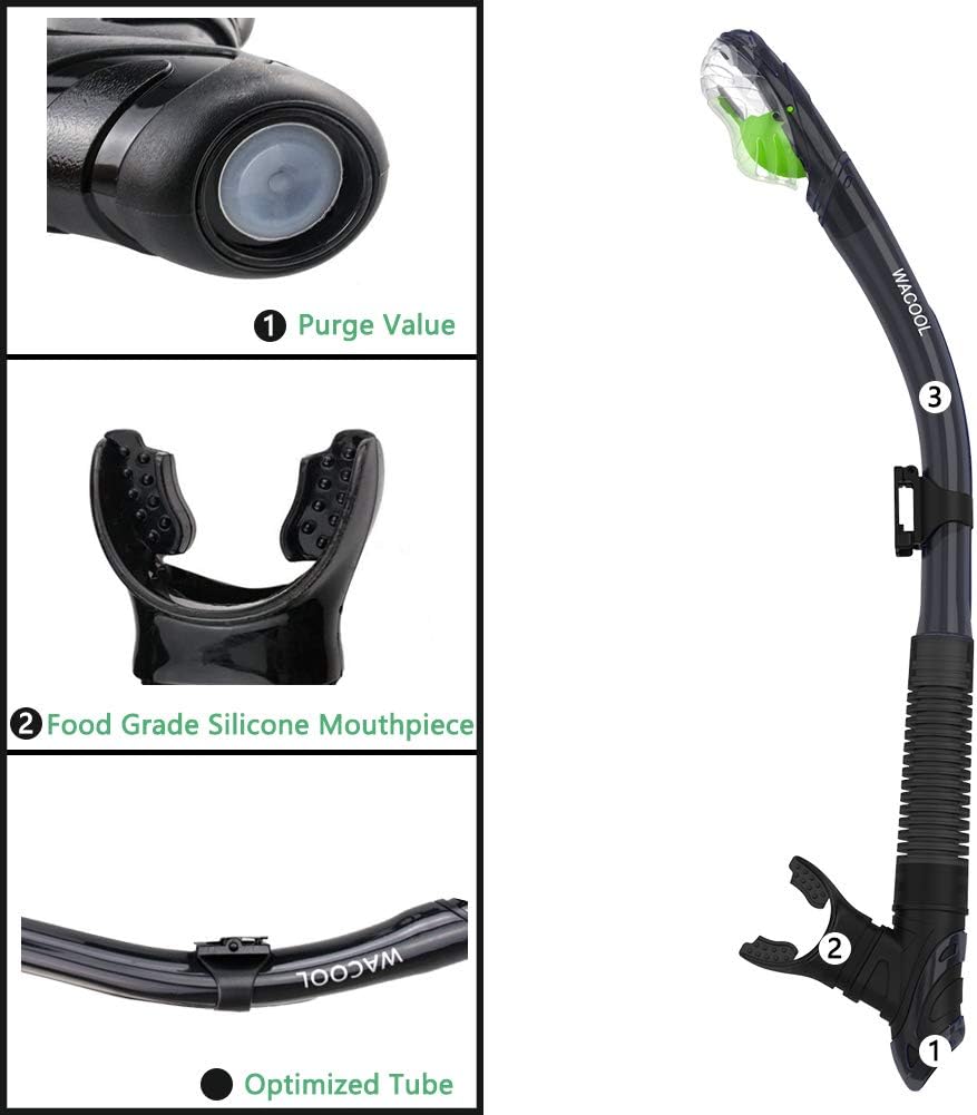 WACOOL Dry Top Snorkel Tube Comfortable Mouthpiece One-Way Purge Valve with Buckle for Pool Open Water Scuba Lap Swimming Swimmer Training Diving Snorkeling (Black) : Sports & Outdoors