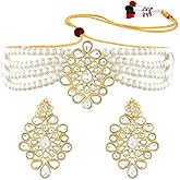 Aheli Kundan Studded Choker Necklace & Dangle Earrings Ethnic Fashion Bharatanatyam jewellery set Gift for Women
