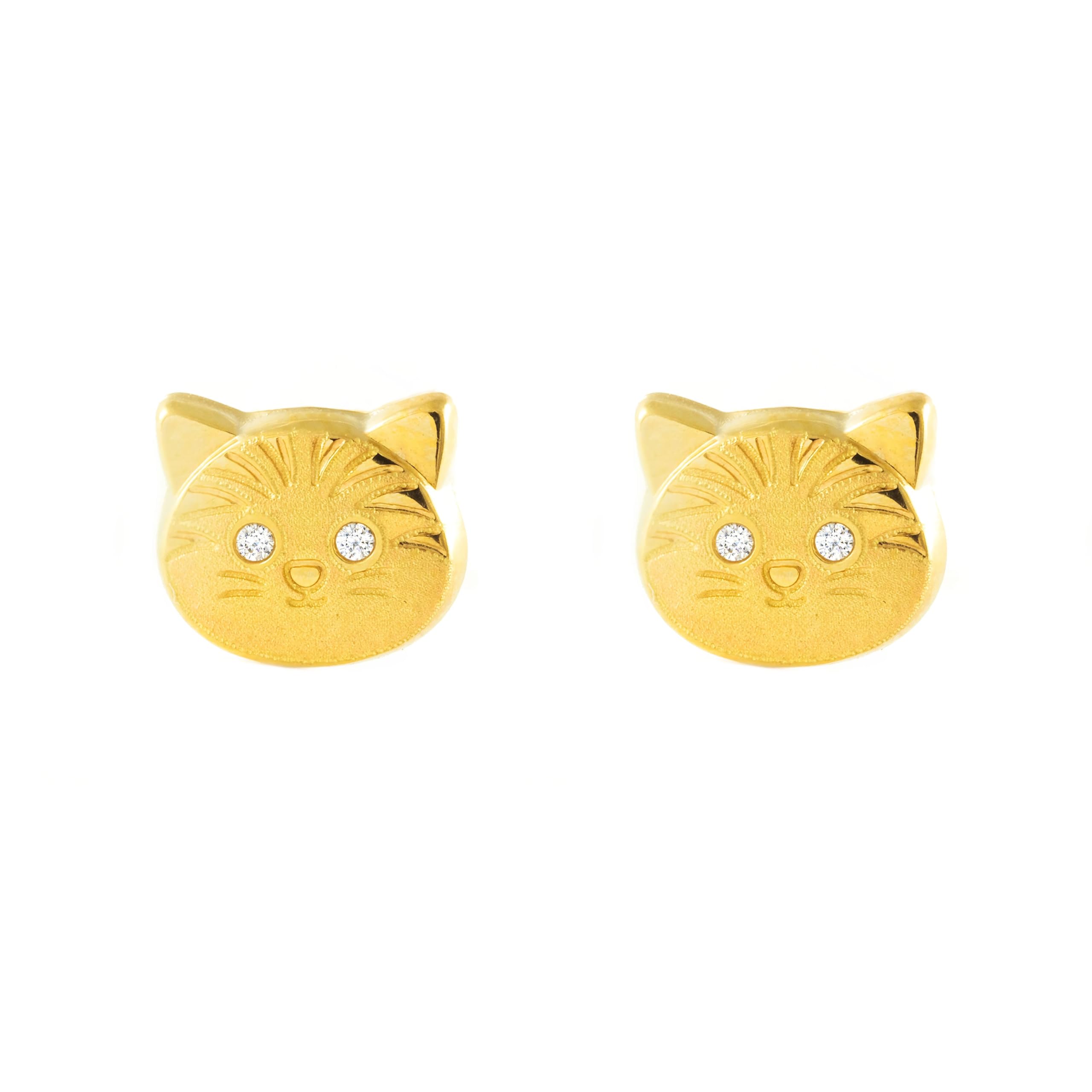 Mondepetit - 9ct Yellow Gold Cat Cubic Zirconia Children's Girls Earrings Matte Shine