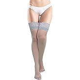 woosnscly Thigh High Stockings for Women Sexy Lace Top Grey Stockings Stay Up with Anti-slip Silicone Thigh High Nylons Silk Sheer Tights Lingerie for Women