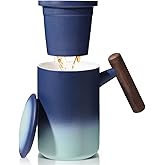 15 OZ Porcelain Tea Infuser Cup with Lid,Ceramic Tea Mug with Porcelain Strainer for Loose Leaf,Tea Strainers Cup with Wood Handle,BPA-Free for Tea's Lover/Easter's Day (Gradient Blue)