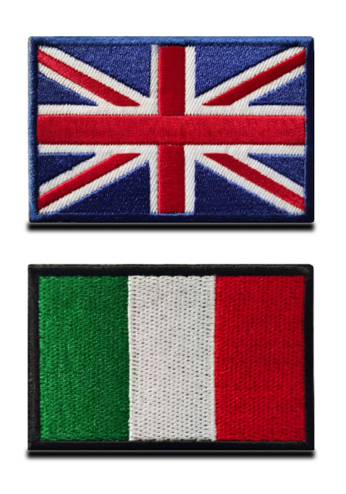 Zcketo 2 PCS Great British Union United Kingdom UK Patch and Italy Italian Flag Hook and Loop Embroidered National Emblem Patch for Clothes Backpack Caps Travel Tactical