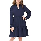 JiAmy Girls Dresses Long Sleeve V Neck Fall Ruffle Tiered Flowy Swing Casual Fashion Dress with Pockets