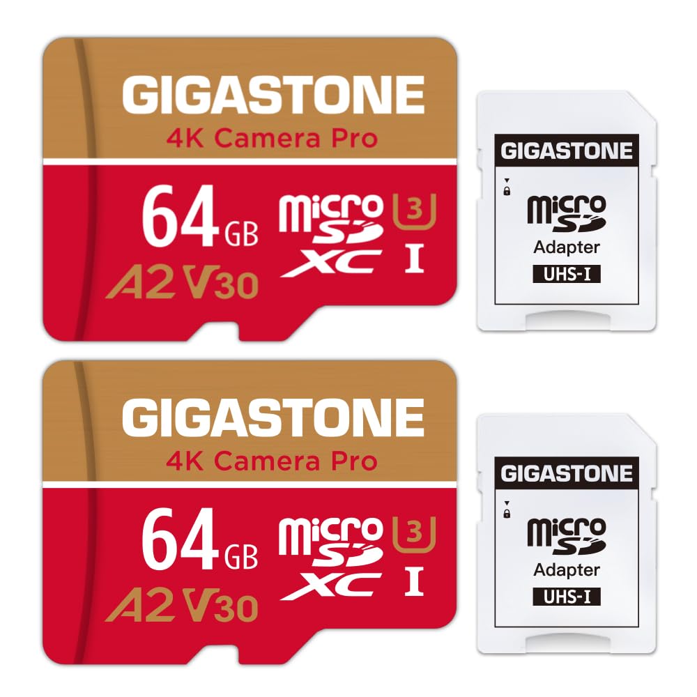 【5-Years Data Recovery】GIGASTONE 64GB Memory Card 2 Pack 4K Pro Camera Compatible with GoPro Switch Speed 95MB/s A2 U3 V30 Micro SDXC Card with SD Adapter