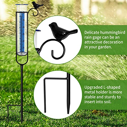 Jowlawn 6" Capacity Rain Gauge Outdoor, Detachable Glass Rain Gauges with L-Shaped Metal Stake - Cast Iron Bird Rain Gage with Tube Brush, Water Rain Meter for Yard, Lawn, Garden, Fence Decoration