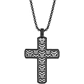 Metro Jewelry Contemporary Pattern Cross Pendant Necklace for Men in Stainless Steel with Black Ion Plating on 24 Inches Long Box Chain