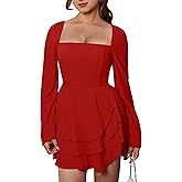 GOBLES Women's Sexy Long Flare Sleeve Square Neck Chiffon Tiered Mini Cocktail Party Dress