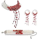 Blood Pearl Jewelry Set Vampire Necklace Bracelet Earrings for Women Goth Choker Necklace 3 Pcs Halloween Accessories
