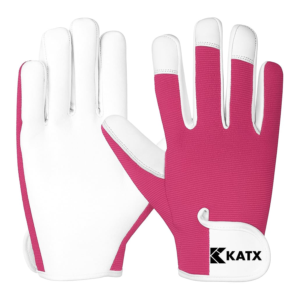 Katx Leather Gardening Gloves, Heavy Duty Thorn Proof Breathable Working Gloves for Men & Women with Strong Grip, Garden Gloves for Rose Pruning, Weeding, Yard Work & Garden Gifts (Large, Pink)