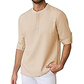 Snullo Mens Henley Shirts Long Sleeve Dress Shirt Business Work Office Shirt Summer Beach Cocktail T-Shirts with Pocket