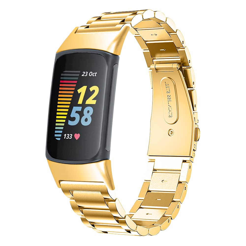 Photo 1 of Bands Compatible with Fitbit Charge 5 Metal Stainless Steel WatchBand-Replacement Classic Durable Solid Link Accessory Buckle Metal Strap Wrist Band for Charge 5 Fitness Health Tracker (Gold)
