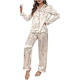 SweatyRocks Women's 2 Piece Satin Pajama Set Floral Print Button Down Long Sleeve Top and Pants Sleepwear