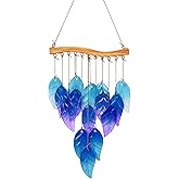 Wind Chimes Blue Glass Leaves, Garden Wind Chime for Home, Party, Festival Decor, Glass Garden Patio Yard Porch Decoration Indoor/Outside, Lifelike Leaf Style