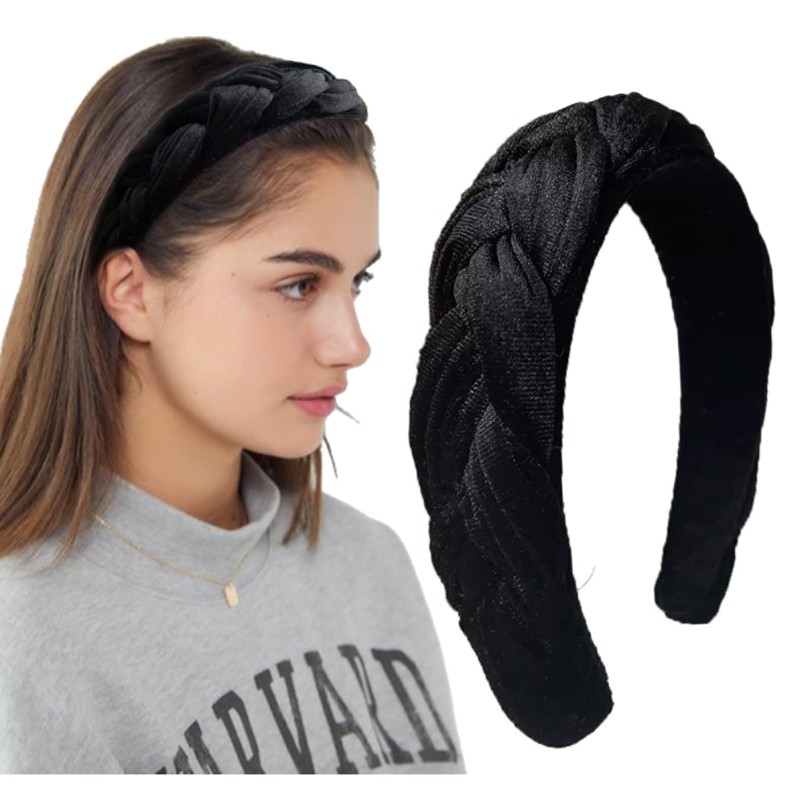 LEBENSWERT Velvet Braided Headband Women's Costume Headband Wide Vintage Hair Band Fashion Headbands for Women (Black)