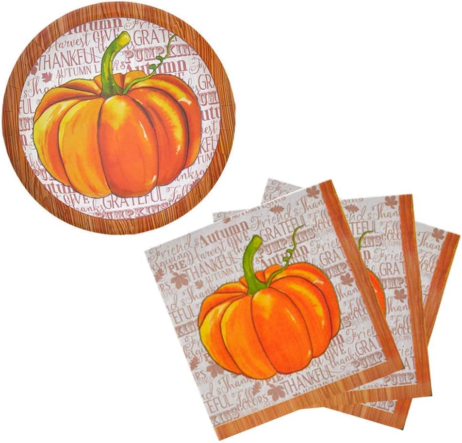 Autumn Harvest/Thanksgiving Decorative Paper Plates and Napkin Set (Pumpkin)
