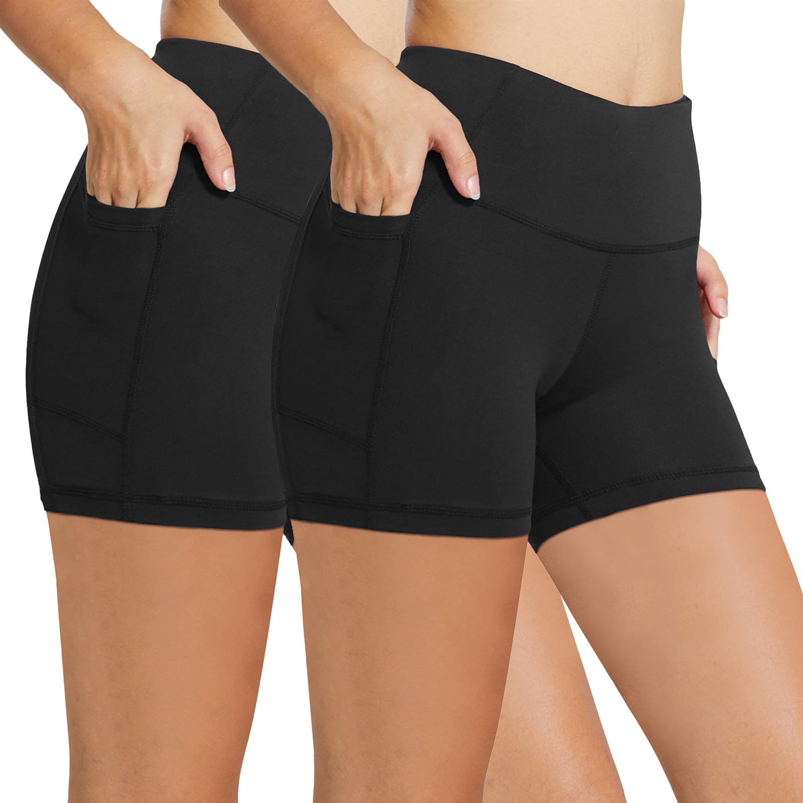 baleaf Biker Shorts Women Yoga Gym Workout Spandex Running Volleyball Tummy Control Compression with Pockets 5" 2-Pack Black/Black M Image