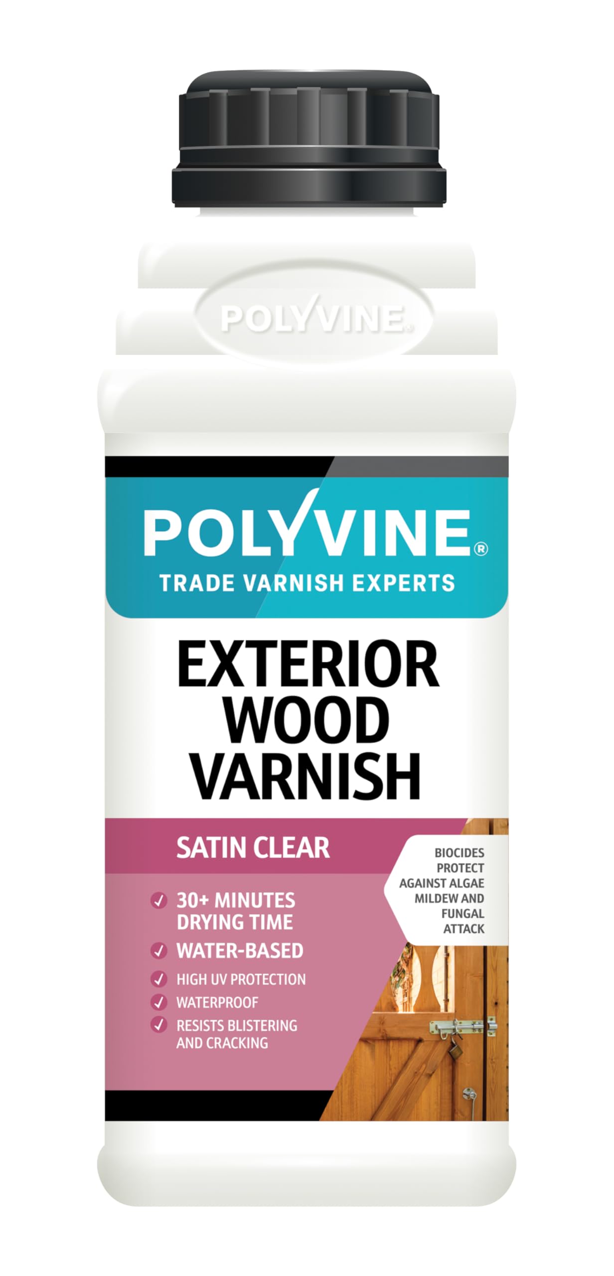 Polyvine Exterior Wood Varnish Satin Finish – Quick Drying, Water-Based, High UV Protection & Weather Resistant Clear Varnish for Outdoor Wood & Timber – No Blistering or Peeling, 500ml