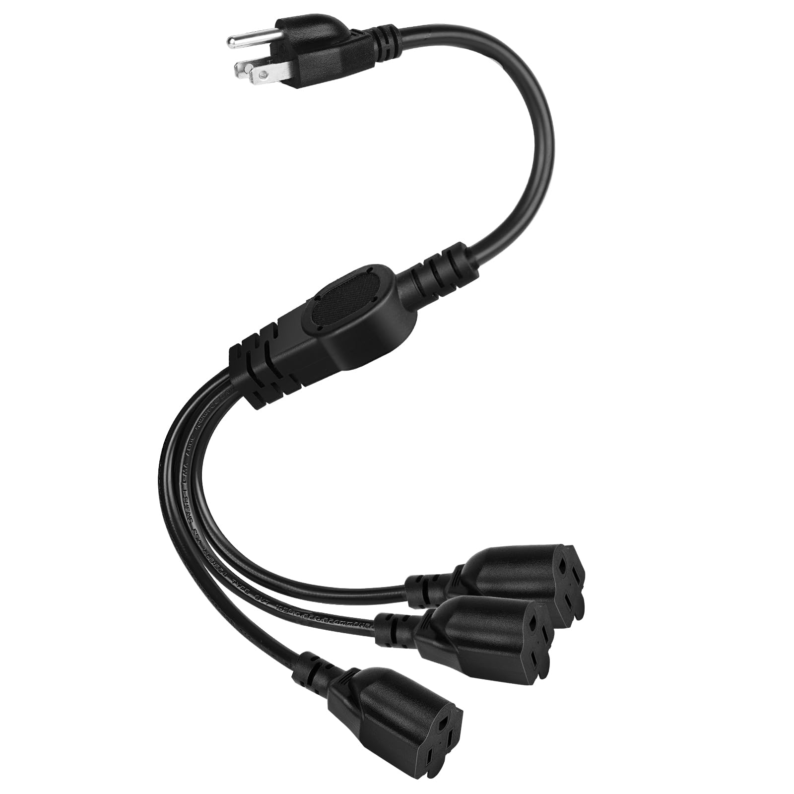 Photo 1 of 3 Prong 1 to 3 Outlet Power Cord Splitter Cord, 1.6FT 16AWG 10A/1250W, NEMA 5-15P to 3X NEMA 5-15R Y Style 3-Outlet Extension Cord for Home, Room, Office (Black)
